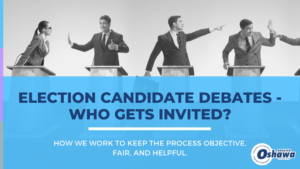 Header image with stock photography of apparent election debate and article title "Election Candidate Debates - Who Gets Invited?"