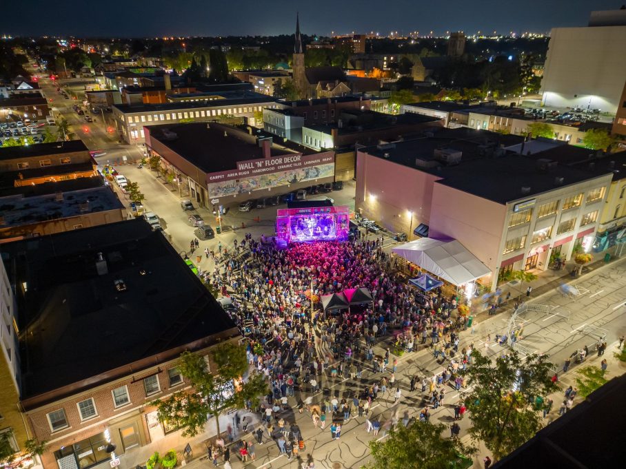 Aerial drone photo of thousands of attendees enjoying the Strumbellas performance at Convergence Festival in Downtown Oshawa, 2023