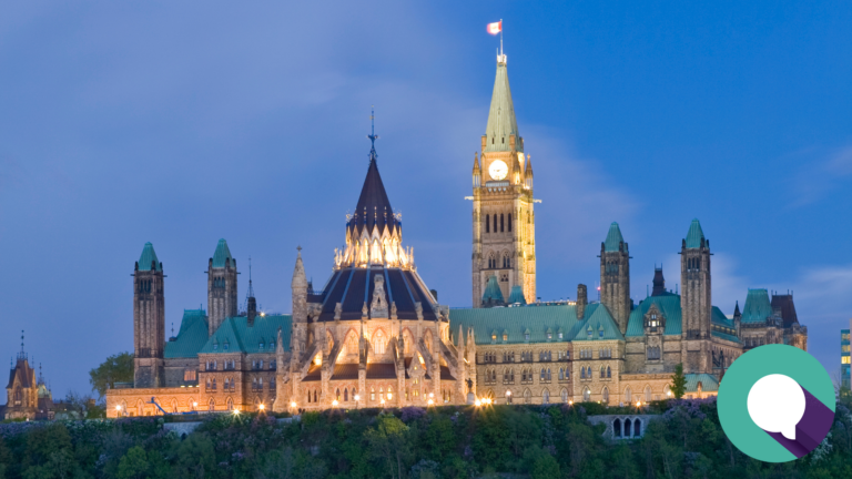 Exterior evening photo of Parliament Hill, Ottawa, Ontario Canada