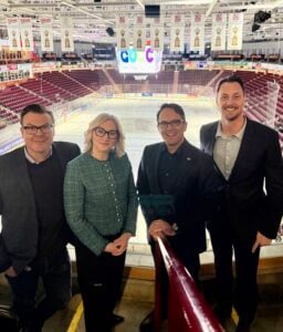 Photo of Oshawa Chamber CEO Jason King, board president Carrie-Anne Atkins, Ontario Chamber CEO Daniel Tisch, and Oshawa Chamber board member, OPUC CEO, Daniel Arbour