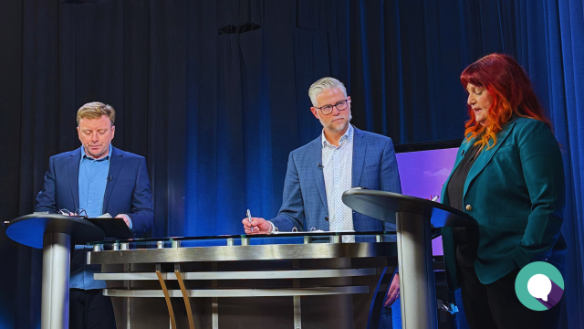Blog header image consisting of a video still from the candidates' debate, overlain with blog article title What Oshawa’s Federal Candidates Said About the Economy, Business, and Your Future