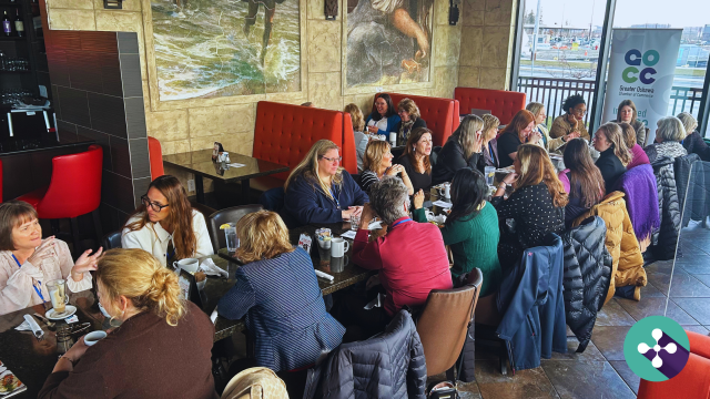 Photo of Oshawa Chamber members meeting to plan the new Innovators Exchange series, overlain with article title text