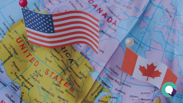 Blog featured image: stock photo of US map adjacent to map of Canada, overlain with blog title, Navigating U.S. Tariffs: Resources for Oshawa Businesses