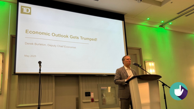 Photo of Derek Burleton, TD Bank Group VP and Deputy Chief Economist presenting his economic update in Oshawa in May 2025, overlain with blog article title "2025 TD Economic Outlook: Key Insights for Business Leaders"