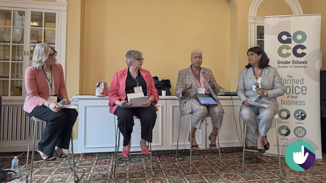 Event photograph featuring 2025 Oshawa Chamber of Commerce President Carrie-Anne Atkins, ● Allison Hector-Alexander, Director of DEI, Regional Municipality of Durham ● Judy Marshall, Vice President & Program Executive, Kyndryl Global Delivery ● Roshni Mukherjee, Regional Vice President, RBC