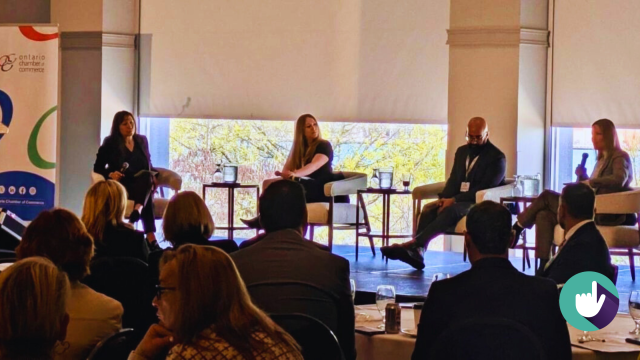 Photo of Ontario Chamber of Commerce Defining Ontario's Competitive Edge panel discussion at the 2025 Ontario Chamber of Commerce AGM overlain with blog article title, Leadership, Opportunity, and Action: Chambers of Commerce Rising to the Moment