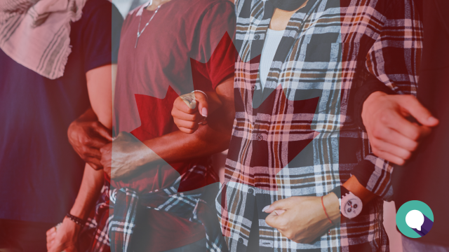 Stock photo image of people with arms linked and Canadian flag overlain, also blog article title US Tariff Impacts on Oshawa Businesses: Challenges, Opportunities & Chamber Advocacy