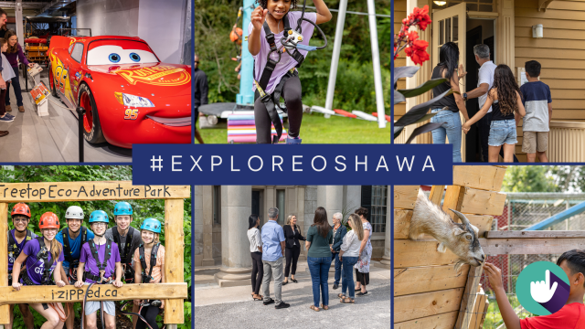 Blog featured image photo collage of Oshawa attractions, overlain with blog article title How Local Businesses Can Win Big with Oshawa’s Hometown Tourism Challenge