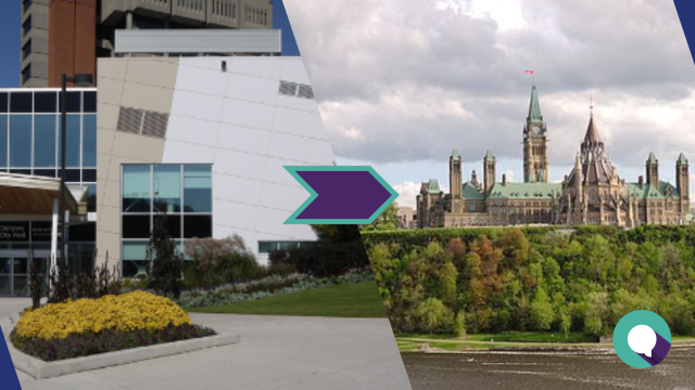 Photo collage of Oshawa city hall and Canadian Parliament Hill overlain with article title, From Oshawa to Ottawa: How Local Businesses Have a National Voice